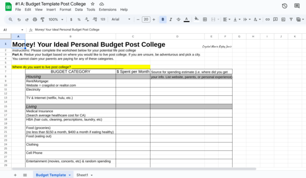 Ideal Budget Worksheet for teen finance class