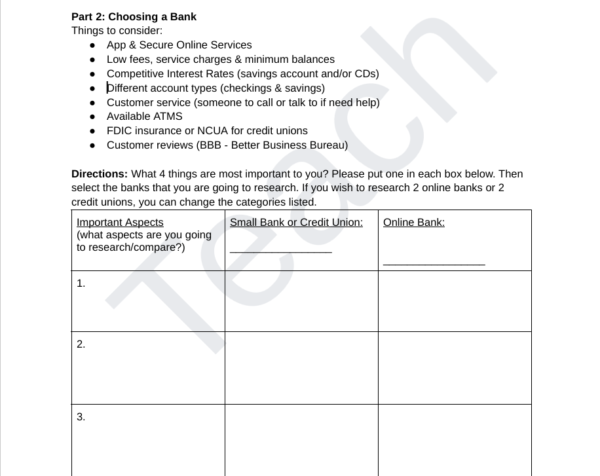 Showing teens how to consider choosing a bank for their finances